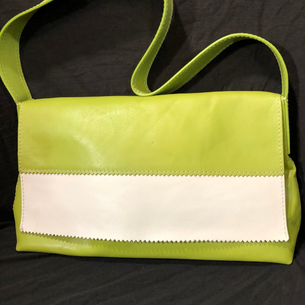 3/$29 Hype Lime Green &  White Leather Flap Handbag - Picture 2 of 7